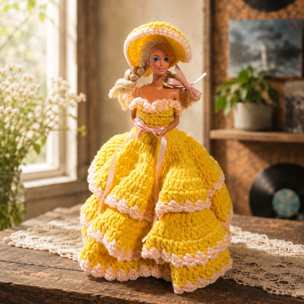 Vintage Barbie Doll Yellow Crochet Tiered Ball Gown Handmade Sun Hat 90s‎ Toy